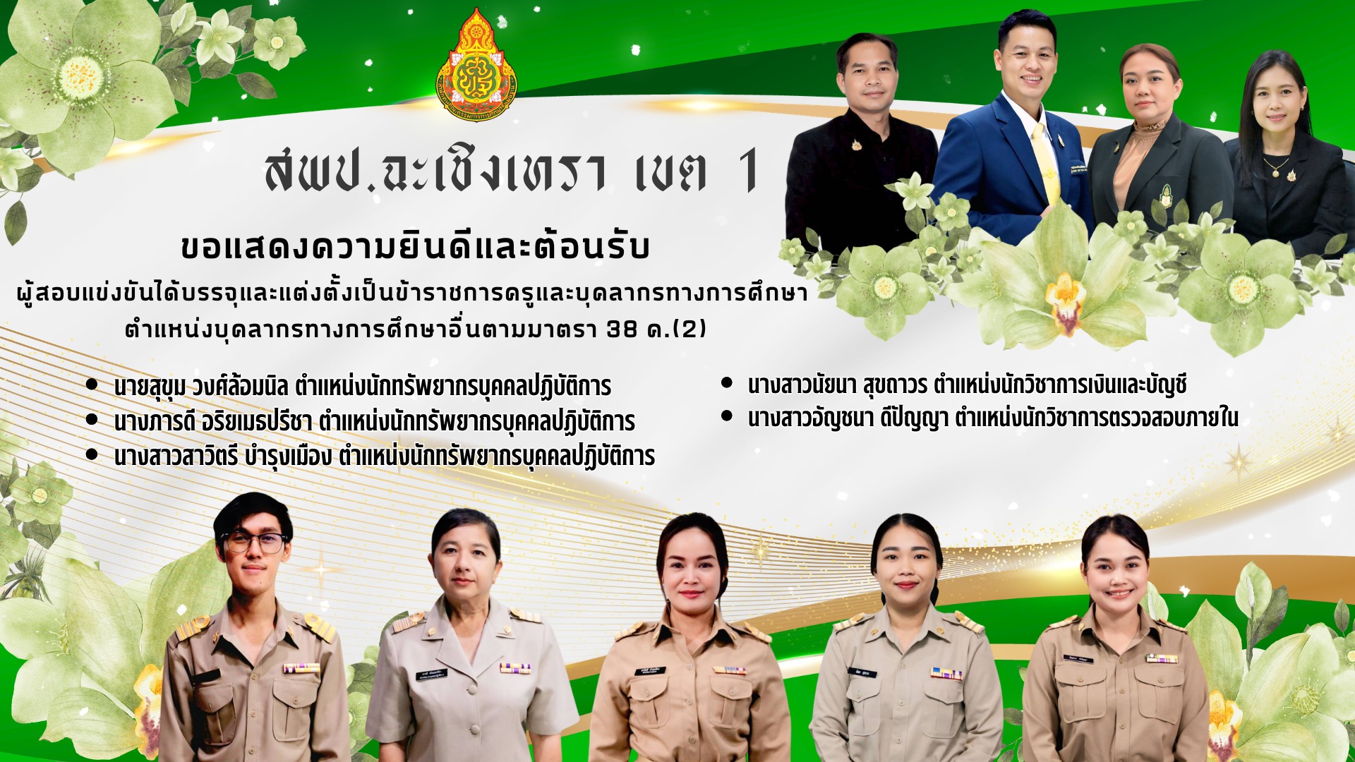 สพป.ฉะเชิงเทรา เขต 1ขอแสดงความยินดีและต้อนรับผู้สอบแข่งขันได้เพื่อบรรจุและแต่งตั้งเป็นข้าราชการครูและบุคลากรทางการศึกษา ตำแหน่งบุคลากรทางการศึกษาอื่นตามมาตรา 38 ค.(2)